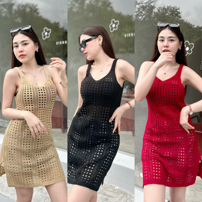 มินิเดรสผ้าไหมพรมนิ่ม ทอลายฉลุ สาวอวบใสได้จ้า เนื้อผ้านุ่มยืดตามตัว งานแฟชั่นใส่ง่าย รุ่น แสงแดด