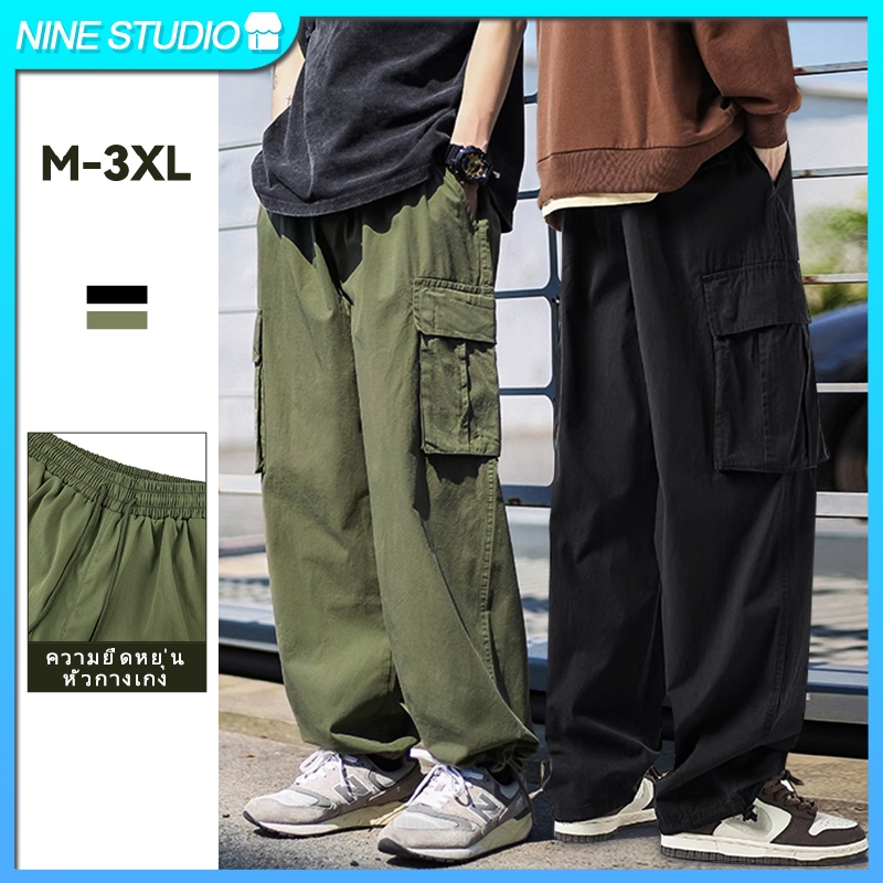 【M-3XL】กางเกงคาร์โก้สำหรับผู้ชายแฟชั่นลำลองสตรีทสไตล์เกาหลีกางเกงทรงตรงสีเขียวทหาร unisex