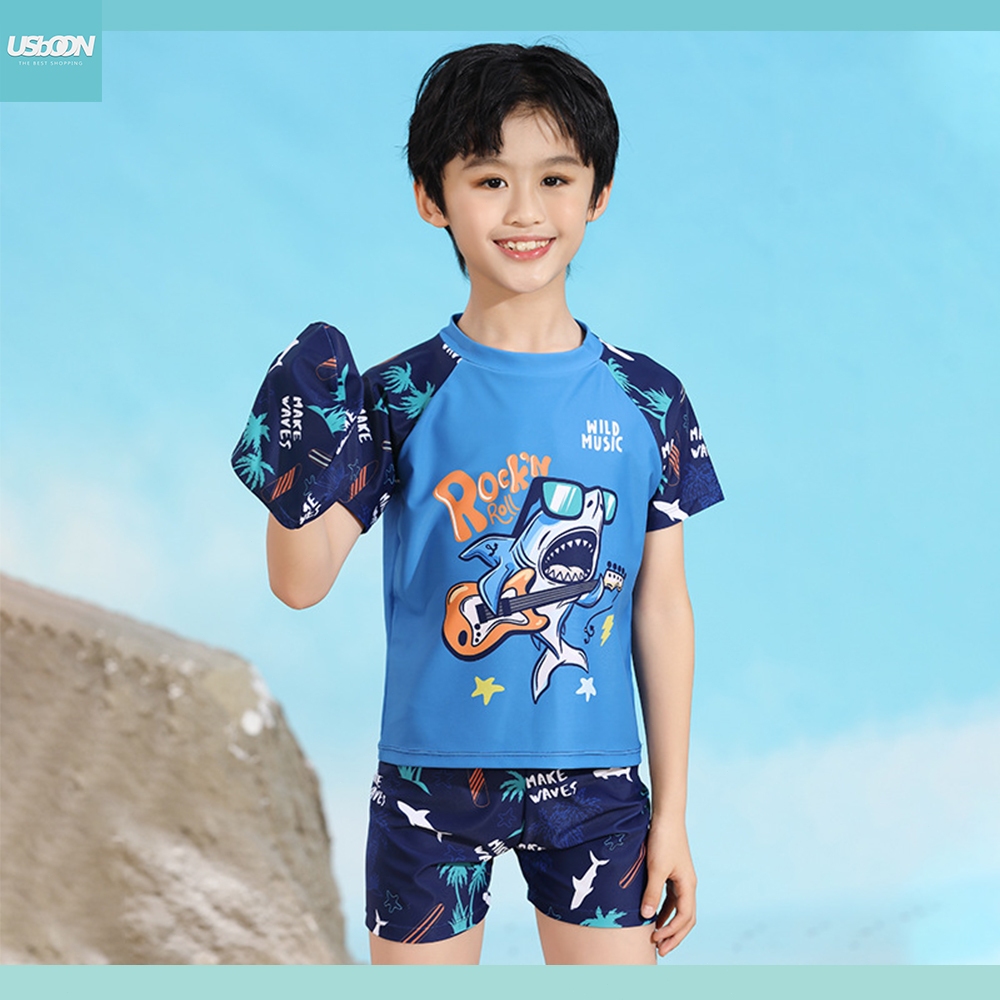 usboon ชุดว่ายน้ำเด็กผู้ชาย ลายอวกาศ ผ้ายืดหยุ่น ไม่อมน้ำแห้งเร็ว มี3สีให้เลือก