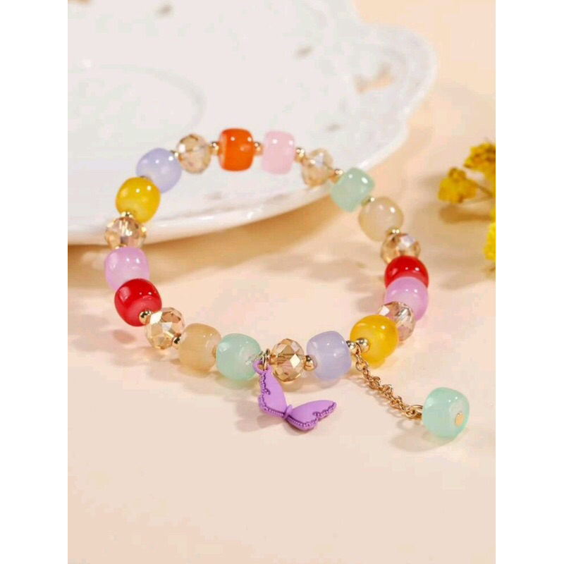 สร้อยข้อมือลูกปัดอะคริลิค ตกแต่งจี้ Charm ดอกไม้ ผีเสื้อ