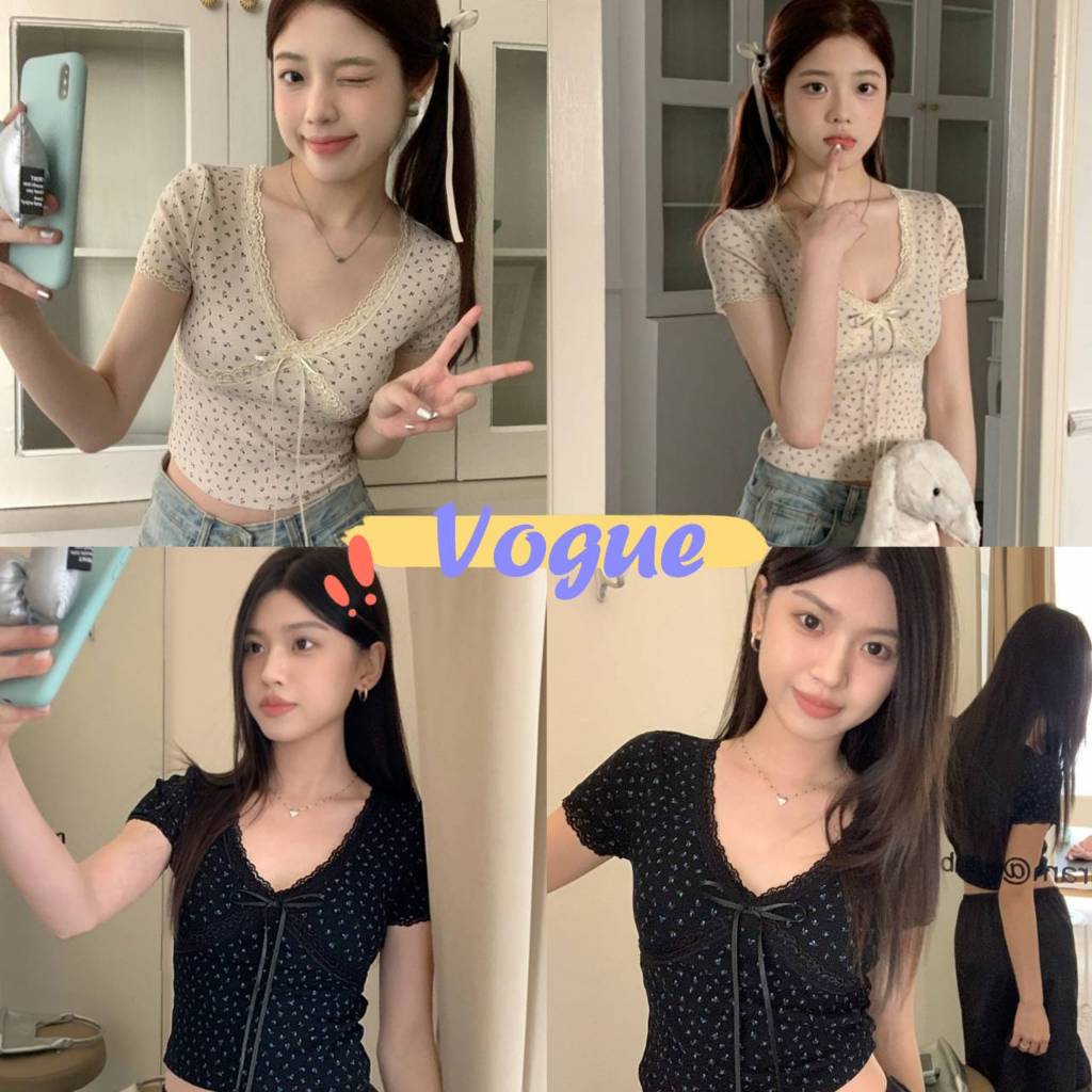 Vogue พร้อมส่ง เสื้อแขนสั้น คอวี ดีเทลลายดอกไม้ ขอบลูกไม้ติดโบว์ผูก สีพื้น (FY5021-P)