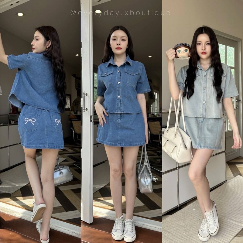 Ribbon x Denim Skirt Set (590฿) รุ่นใหม่แบบคิ้วท์มากกก เสื้อยีนส์แขนสั้นมาคู่กับกระโปรงทรงเอ มีซับในกางเกงให้ malista