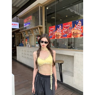 Cicishop (J1119) เสื้อสายเดี่ยวลูกไม้ มีฟองน้ำ สายปรับระดับได้ มีเชือกให้ ดีไซส์เก๋