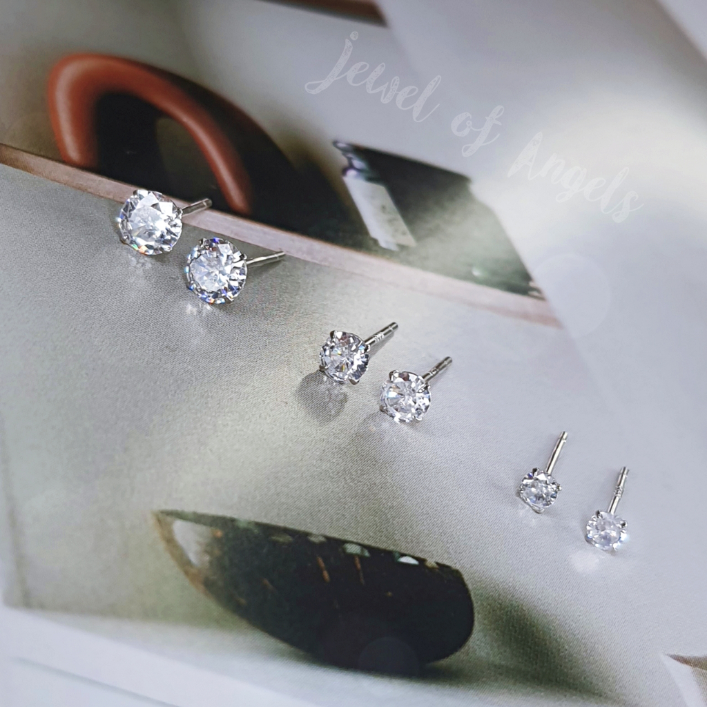 ต่างหูเงินแท้ทั้งชิ้น S925 รุ่น Sparkle ต่างหูก้านเสียบ เพชรCZกลม สีเงิน 3mm 4mm 5mm Silver925