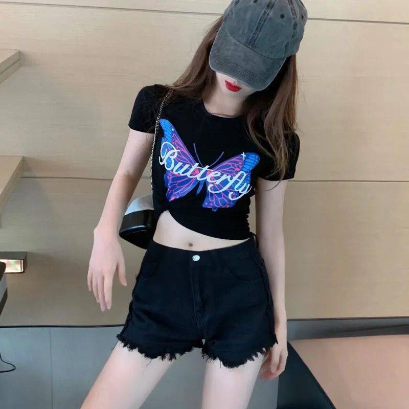 เสื้อครอปผู้หญิง ครอปสั้น ลายผีเสื้อ เสื้อยืดผู้หญิง E8005 - รูปที่ 6
