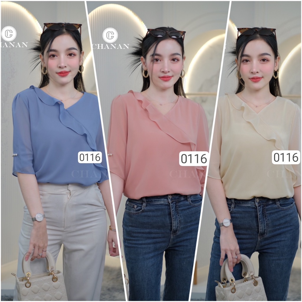 ขายดี Chanan เสื้อชีฟองแต่งระบาย ดีเทลแขนน่ารัก ผ้าใส่สบาย ไม่ร้อน ใส่เที่ยว ใส่ทำงาน มี3สี รุ่น0116