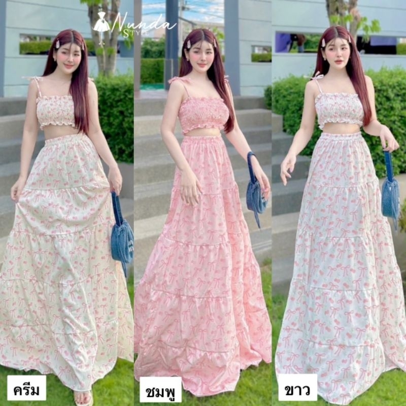 Set2ชิ้น สายเดี่ยวผูกไหล่ สม็อครอบอก ลายโบว์ สุดcute