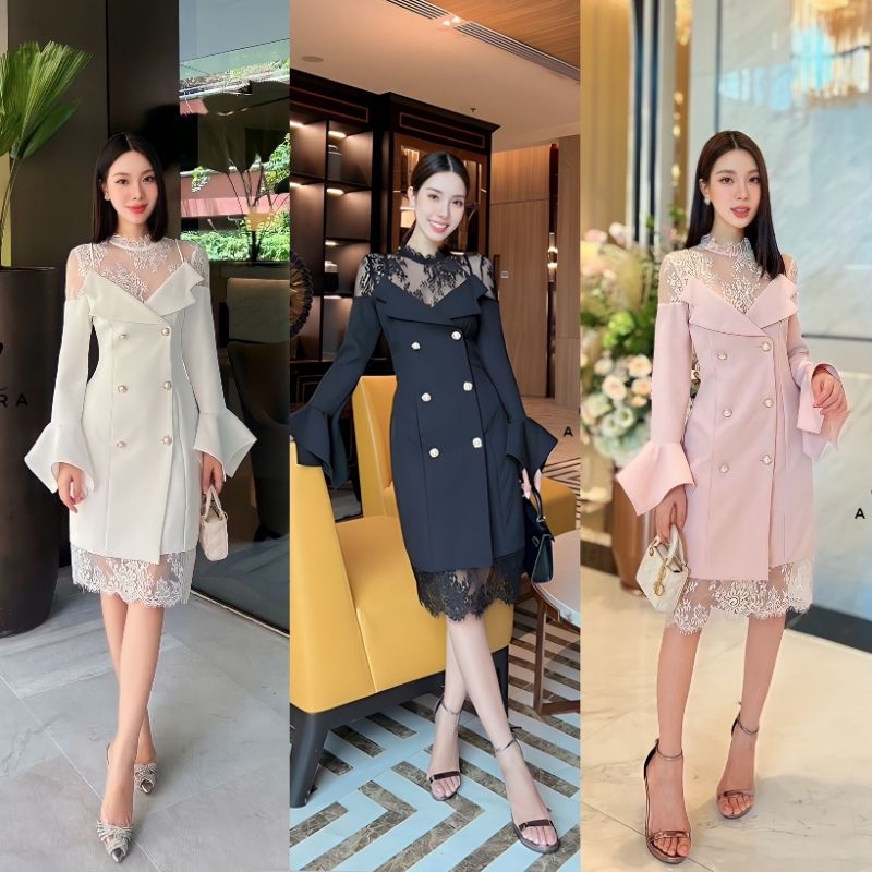 [พร้อมส่ง] ADORA เดรสออกงานเรียบหรูแต่งไหล่ลูกไม้แขนยาวระบาย