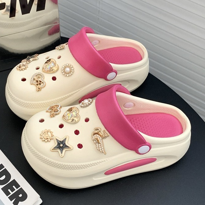 JM-PVC รองเท้าหัวโตแฟชั่น แถมตัวติด ส้นสูง5-6 เซน รองเท้าหัวโตผู้หญิง สวมรัดส้น วัสดุ PVC พื้นรองเท้าถอดได้ LINK-2