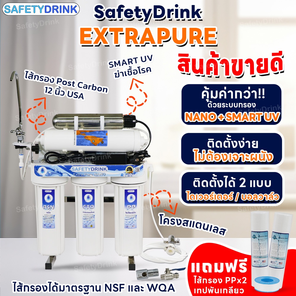 BEST SELLER! เครื่องกรองน้ำ SAFETYDRINK EXTRA PURE NANO (New Smart UV) ติดตั้งง่าย ไม่ต้องเจาะผนัง