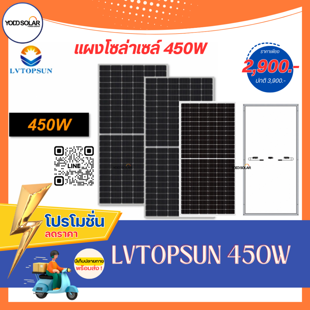 แผงโซล่าเซลล์ LVTOPSUN 450W Mono Half ประกันไฟเข้าออก25ปี 1แผงต่อออเดอร์