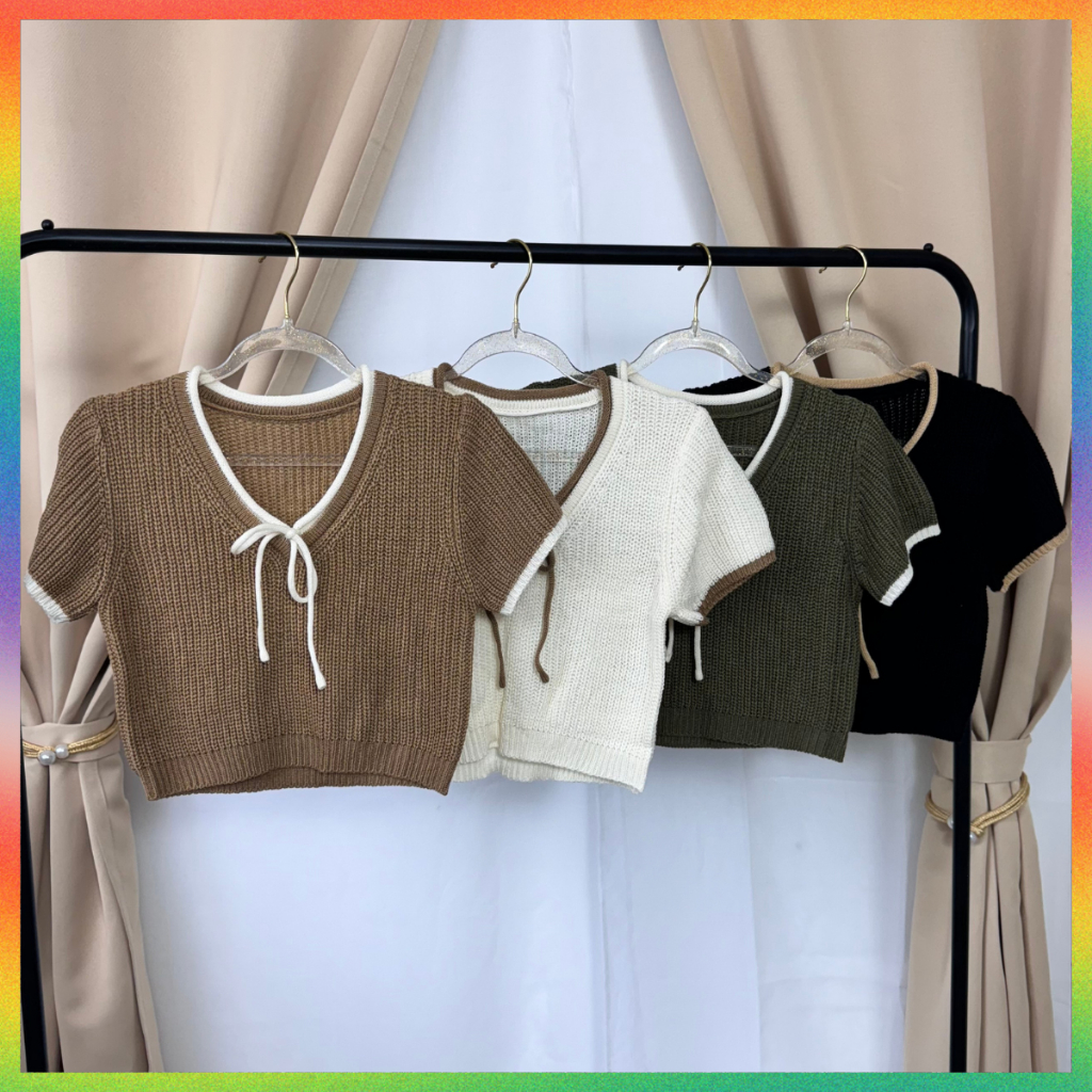 🌈SpinnyHouse🌈เสื้อครอปไหมพรมทอลายสลับสี ทรงคอปกโปโล สไตล์เกาหลี 💘 แต่งเชือกผูกโบว์ช่วงคอ  พร้อมส่งทุกสีน้า รุ่น กีต้าร์