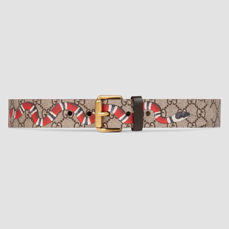 เข็มขัดสไตล์คลาสสิกของผู้ชาย gucci ใหม่จัดส่งจากฝรั่งเศส/เข็มขัดผ้าใบ GG Supreme พิมพ์งูปะการัง