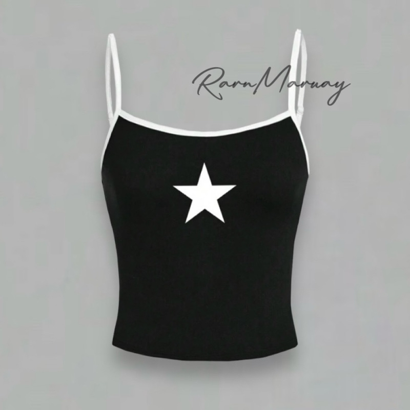 (พร้อมส่ง) เสื้อครอปสายเดี่ยว โทนสีดำ สกรีนลายดาว  R0112