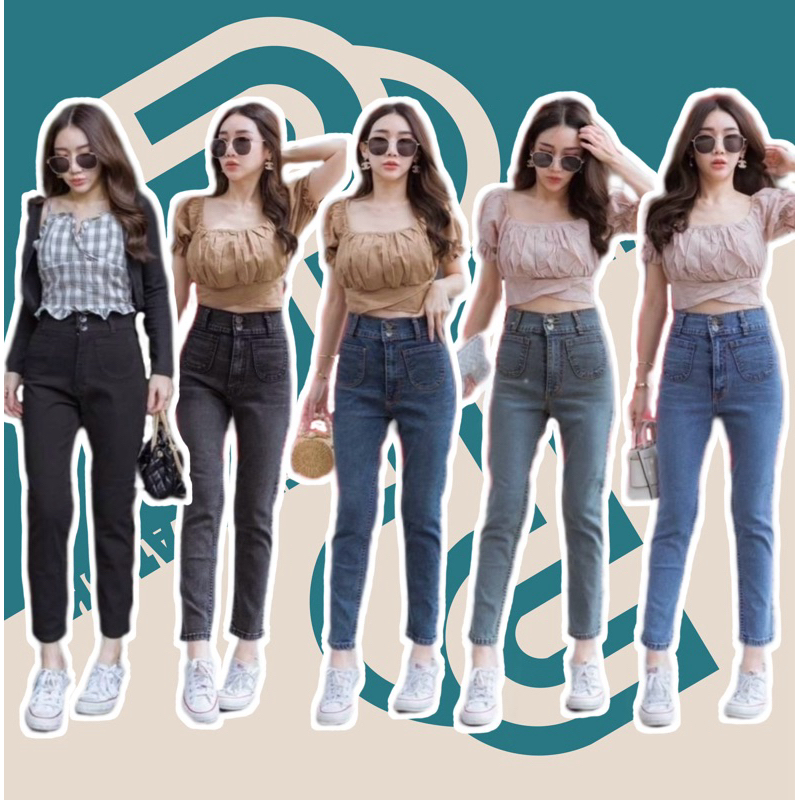 Punny Jeans (P1) กางเกงยีนส์ผู้หญิง มี5สี แต่งกระเป๋าหน้า ทรงบอย ผ้ายืด เอวสูง ขอบใหญ่ 2กระดุม
