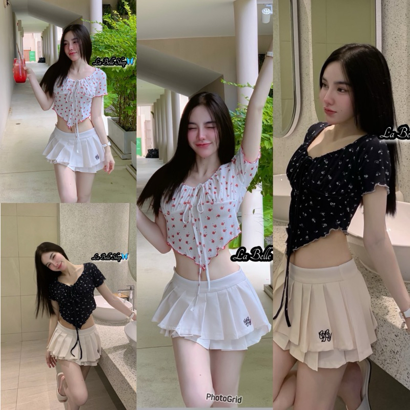 mnv_shop เสื้อแขนสั้นสายรูดหน้า ลายดอกไม้