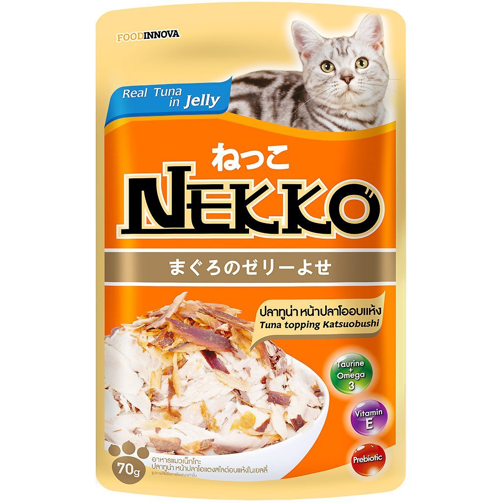 NEKKO CAT Tuna Topping Katsuobushi อาหารเปียกแมวเน็กโกะ สูตรปลาทูน่าหน้าปลาโออบแห้งในเยลลี่ (70g.) E