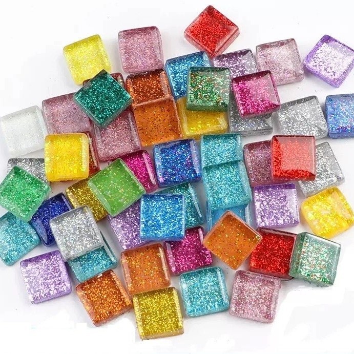 กระเบื้องแก้วสี่เหลี่ยมสี โมเสกกลิตเตอร์ 50g MOSAIC Colorful square glass Tiles for decoration 1x1cm