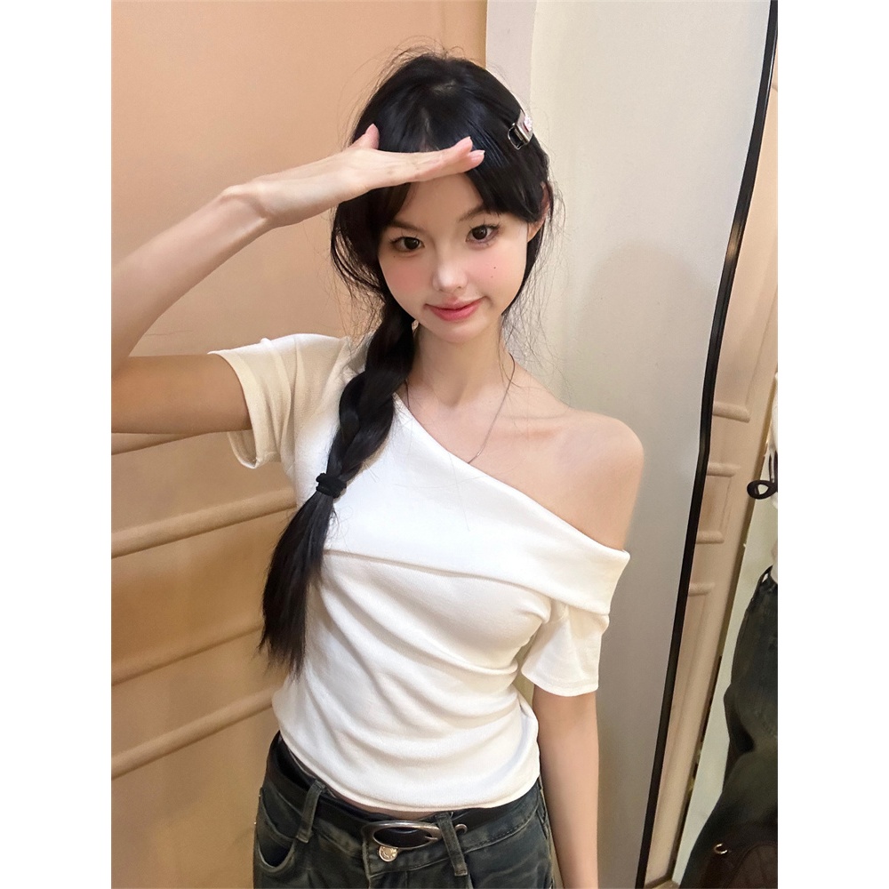 สไตล์เกาหลี ไม่ปกติ ครึ่งไหล่ เผยผอม แฟชั่นที่เรียบง่าย ผ้าฝ้ายแท้ ท็อปส์ ห้าสี 