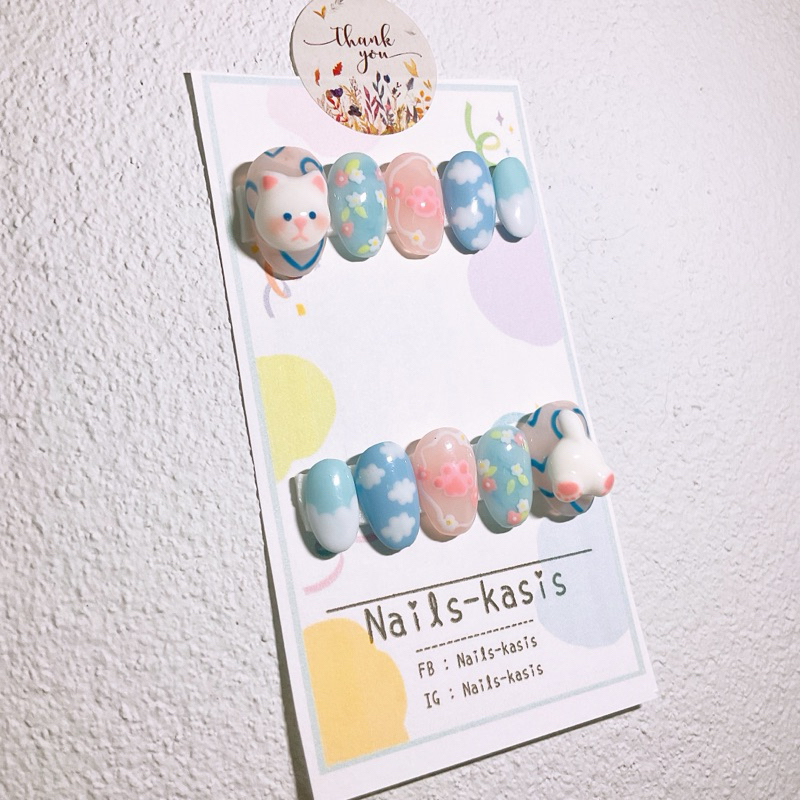 เล็บปลอมเจลแท้ ลายน้องแมวปั้นนูนน่ารัก แถมกาวตะไบ
