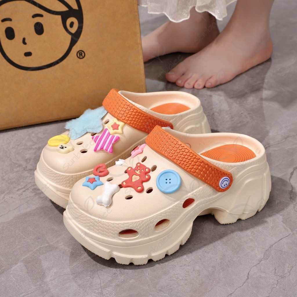 H509-DKB รองเท้าหัวโต แถมตัวติดแบบใหม่ เสริมส้นสูง 7 CM รองเท้ารัดส้น วัสดุ EVA สีพาสเทล ทูโทน สินค้าพร้อมส่ง