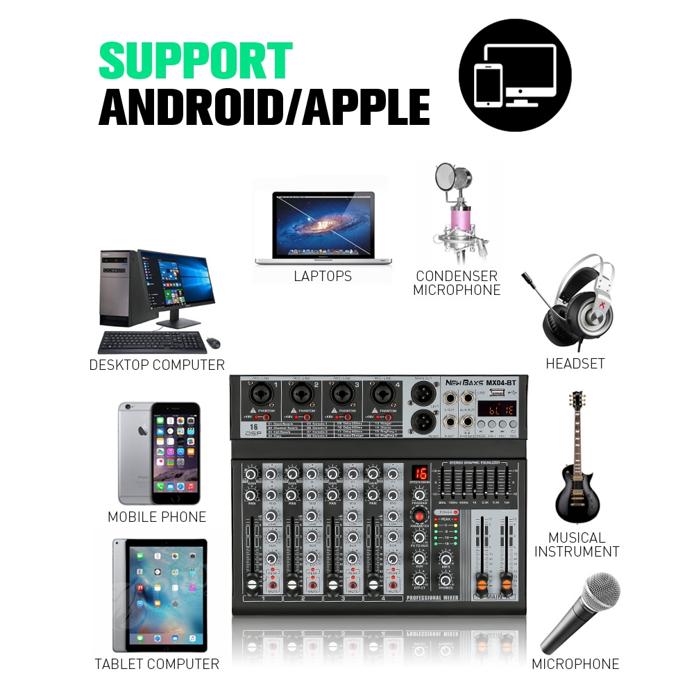 NEW BAXS 4 ช่องโทนเสียง MX04BT AUDIO MIXER มาพร้อมกับ Equalizer 16DSP Effecter รองรับการเล่น Bluetooth / USB / MP3