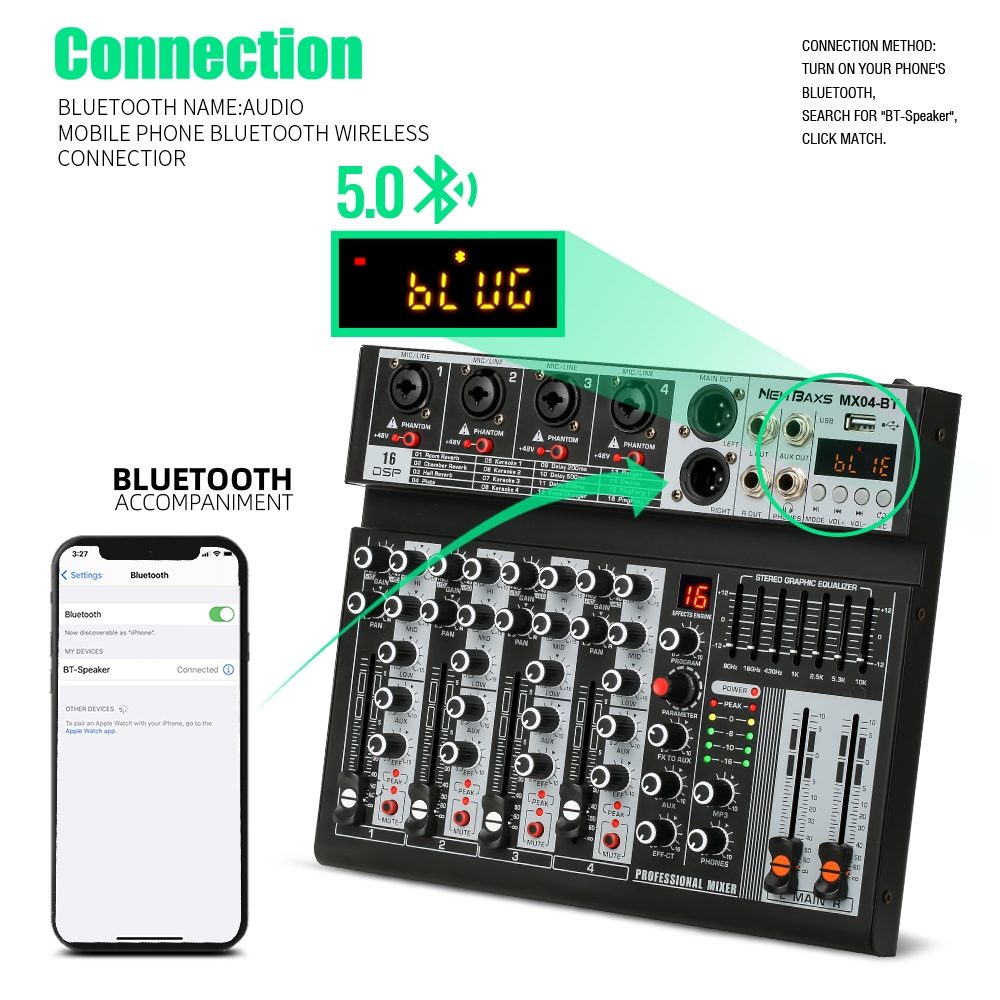 NEW BAXS 4 ช่องโทนเสียง MX04BT AUDIO MIXER มาพร้อมกับ Equalizer 16DSP Effecter รองรับการเล่น Bluetooth / USB / MP3