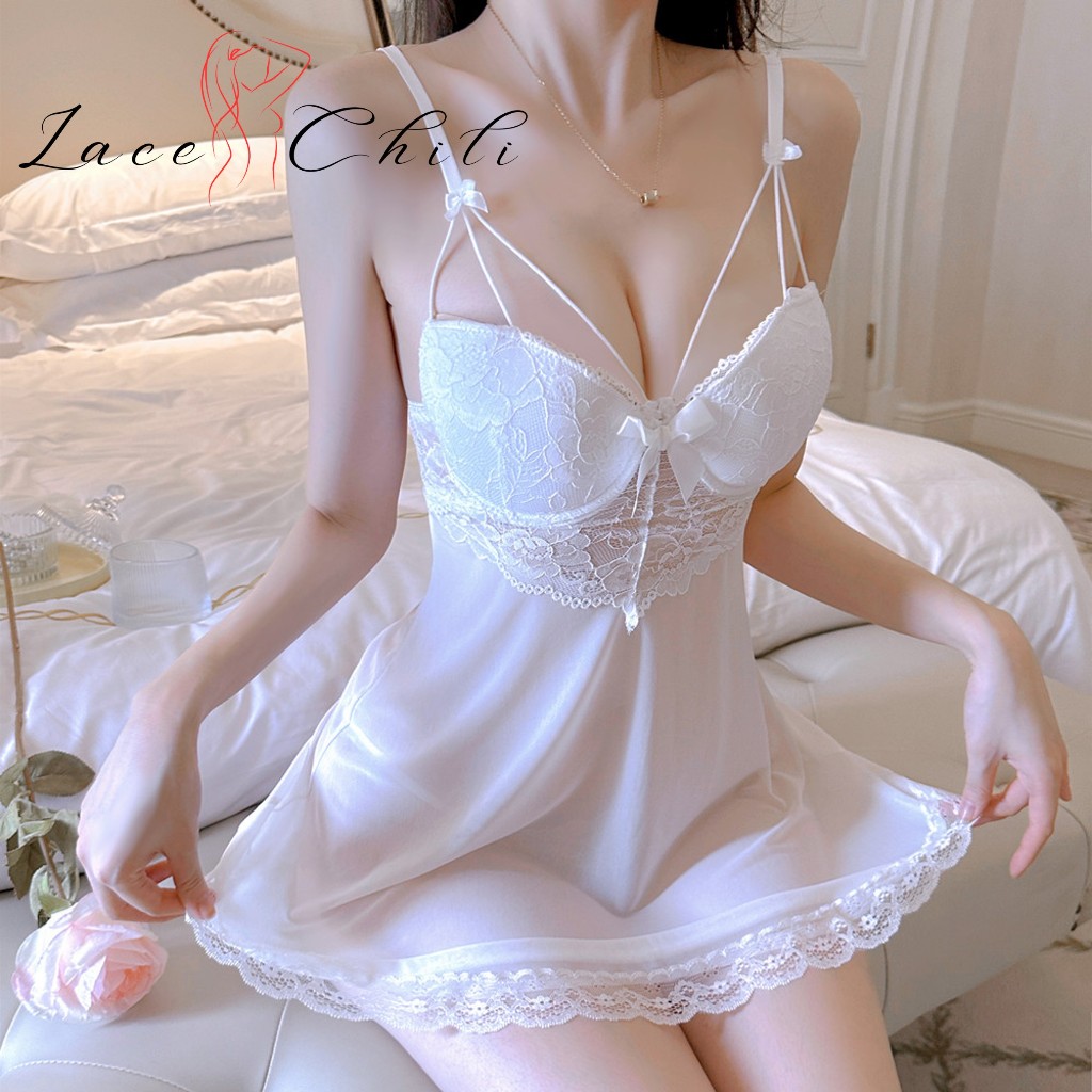 LACE CHILLI  ชุดนอนสายเดี่ยว มีฟองน้ำ มีตะขอปรับได้ 😍 สายเดี่ยวลูกไม้ อกแต่งโบว์น่ารักๆ L-555