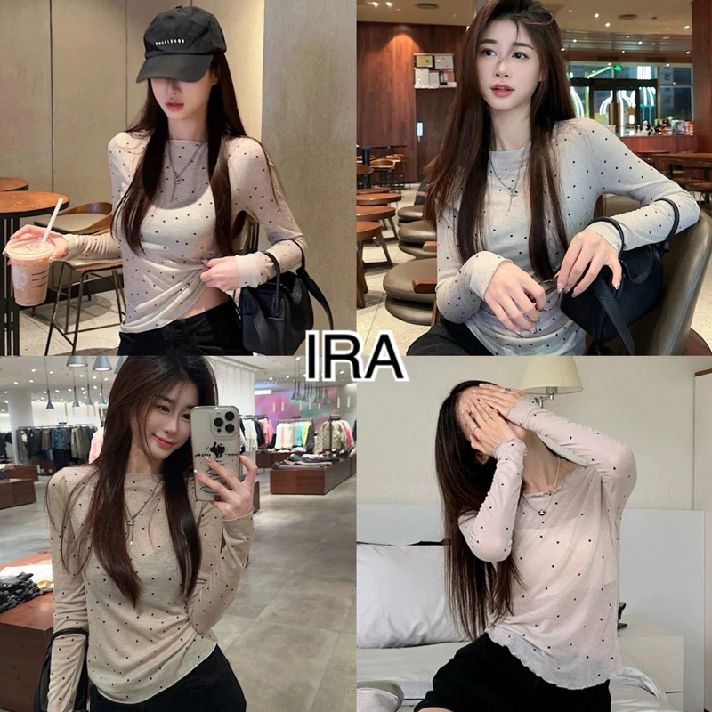 BY IRA ❤️พร้อมส่ง❤️ เสื้อยืดแขนยาว คอเดียว ลายจุด ทรงสลิมฟิต สําหรับผู้หญิง