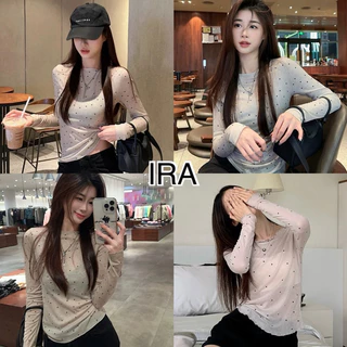 BY IRA ❤️พร้อมส่ง❤️ เสื้อยืดแขนยาว คอเดียว ลายจุด ทรงสลิมฟิต สําหรับผู้หญิง