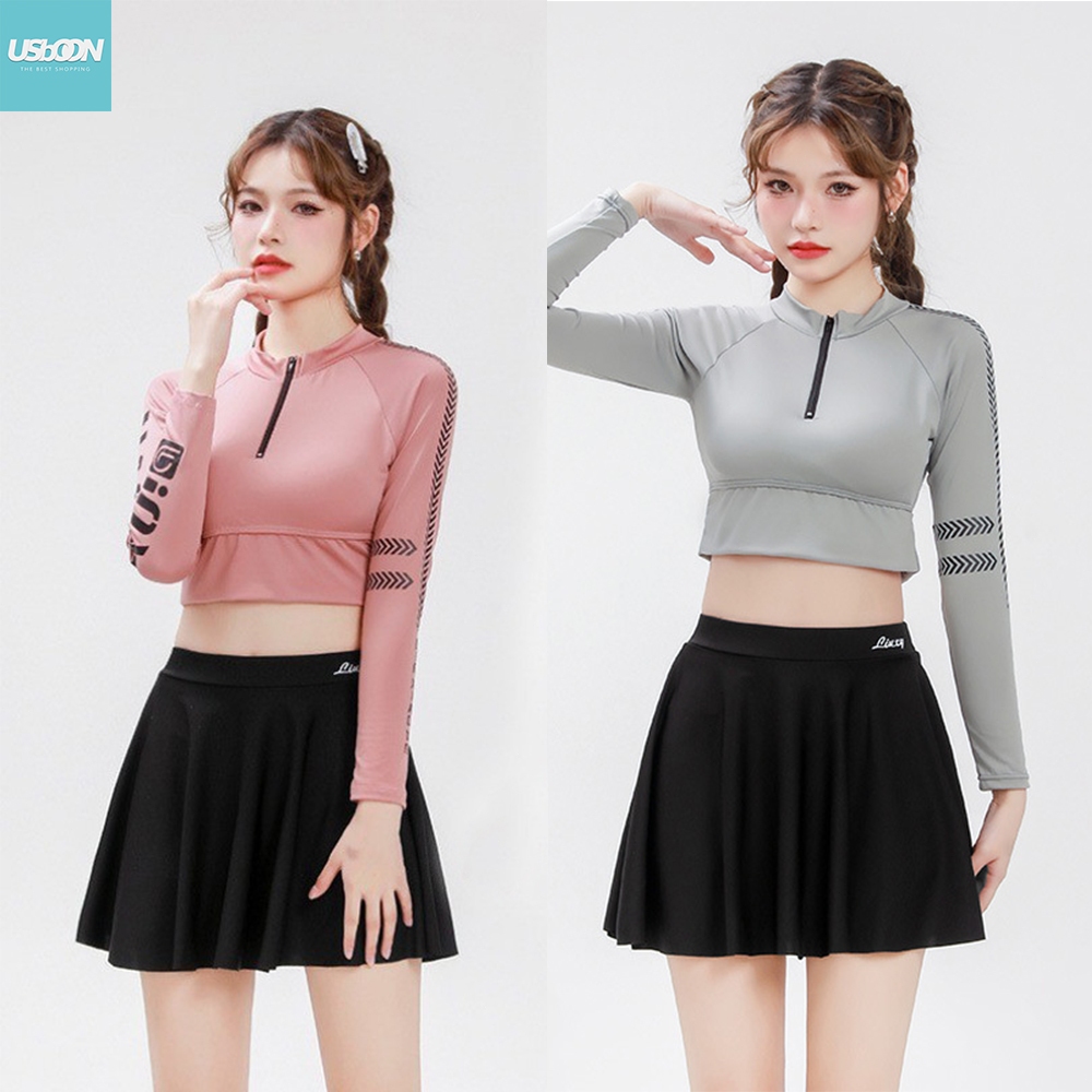 usboon ชุดว่ายน้ำเซต2 ชิ้นผู้หญิง เสื้อเเขนยาว เเละกระโปรง มีกางเกงซับใน ผ้านุ่มใส่สบาย