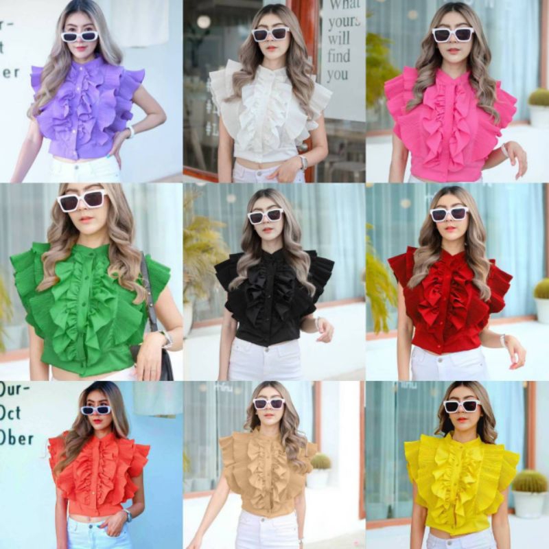 เสื้อใส่ทำบุญ ไปวัด งานแต่งงานบวช มีคอปกกับคอจีนทรงเป็นครอปแขนกุด แต่งระบายอัดพลีด นัวๆ ละมุนมาก กระดุมหน้า งานผ้านิ่ม