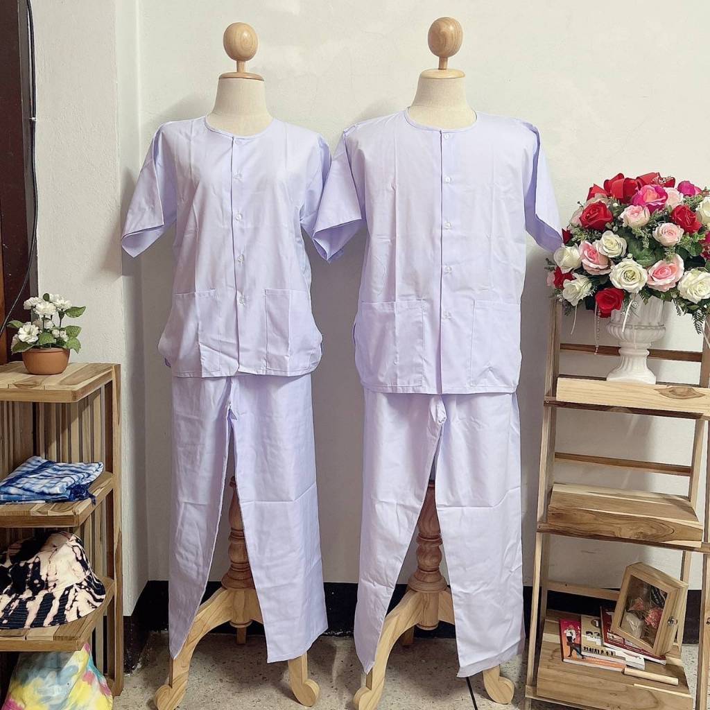 ชุดขาว ปฏิบัติธรรม แขนสั่น ได้ทั้ง เสื้อและกางเกง สีโอโม่