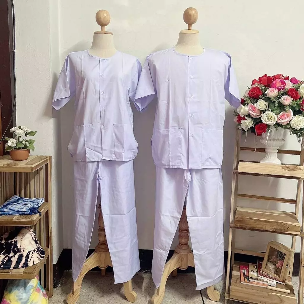 ชุดขาว ปฏิบัติธรรม แขนสั่น ได้ทั้ง เสื้อและกางเกง สีโอโม่