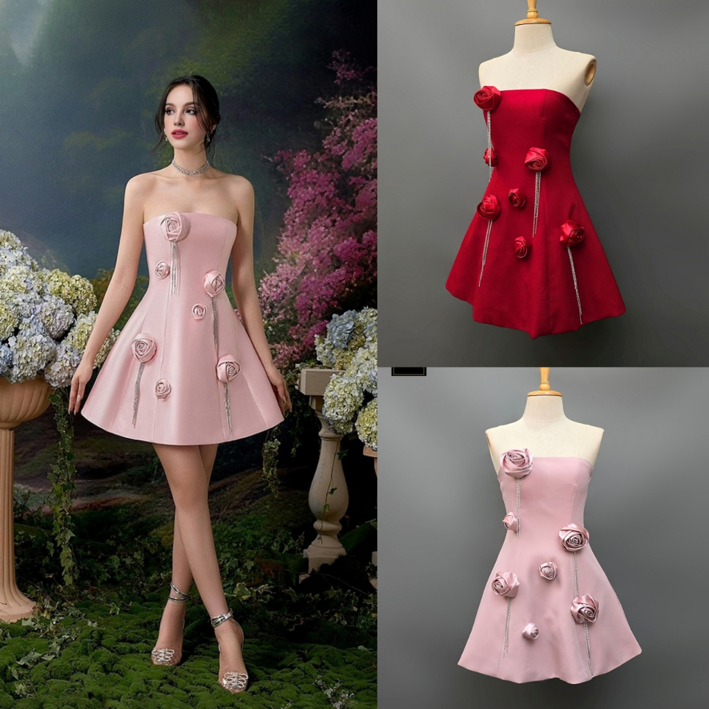 Luxe 2 สี เดรสออกงานแบบสั้น ดีไซน์เกาะอกแต่งดอกกุหลาบ ชุดไปงาน มินิเดรสเกาะอก