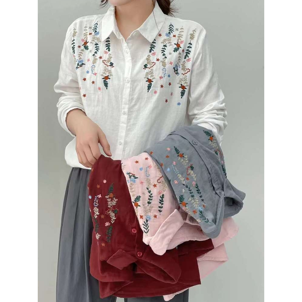 ลดราคา เชิ๊ตแขนยาวผ้าฝ้ายสาลูตัวเสื้อก็ปักดอกไม้