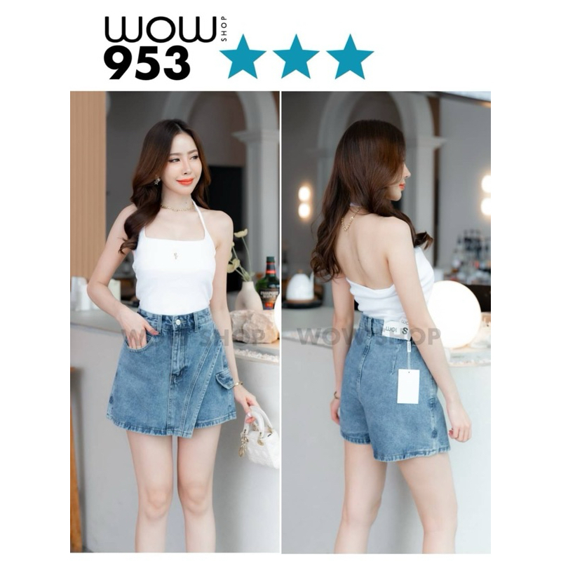 กางเกงกระโปรง ยีนส์ไม่ยืด ดีไซน์ป้ายหน้า แต่งกระเป๋าคาร์โก้ #WW953 - รูปที่ 3