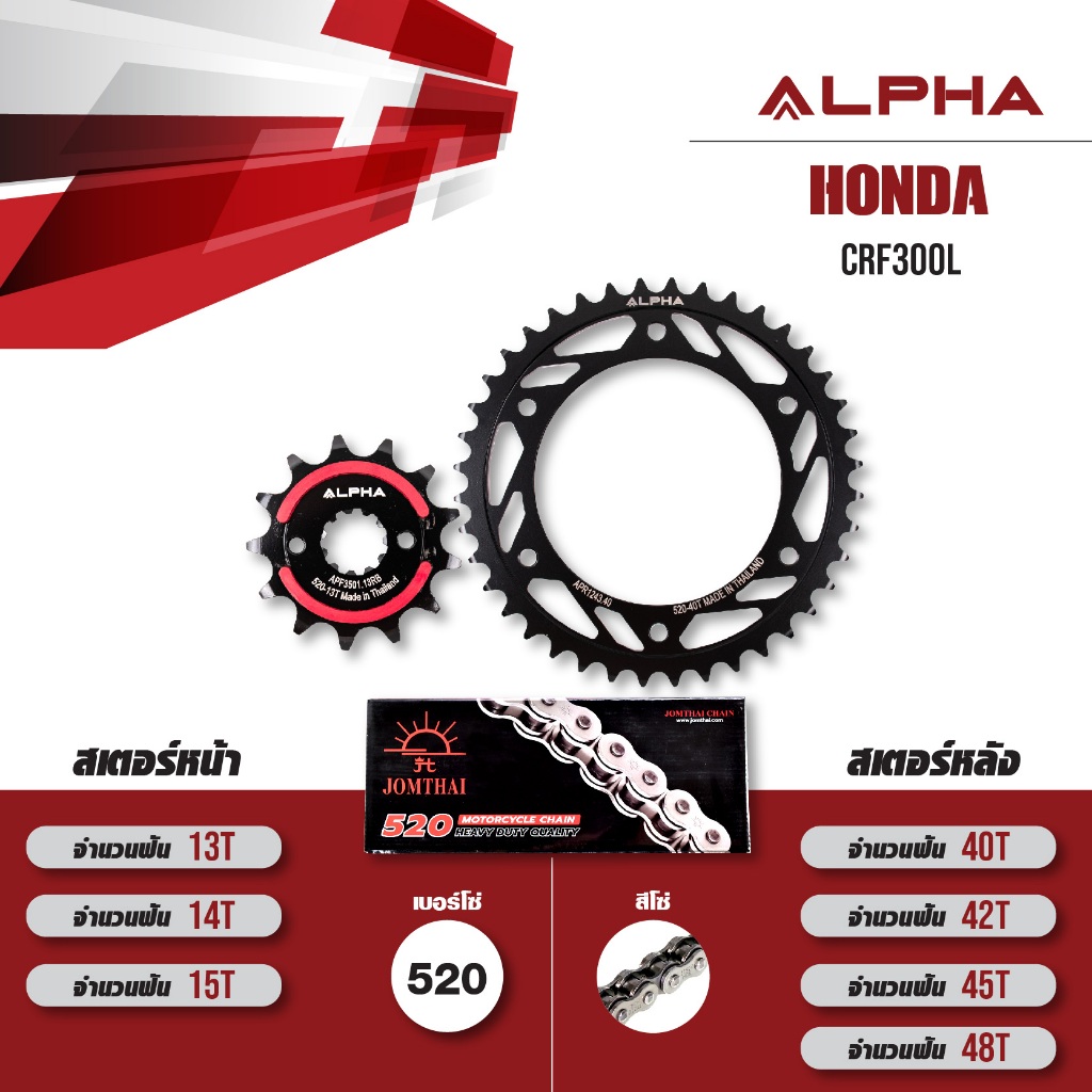 ชุดโซ่สเตอร์ ALPHA เปลี่ยน Honda CRF300L โซ่ JOMTHAI Heavy Duty HDR (520) สีเหล็ก [ เลือกเบอร์ได้ ]