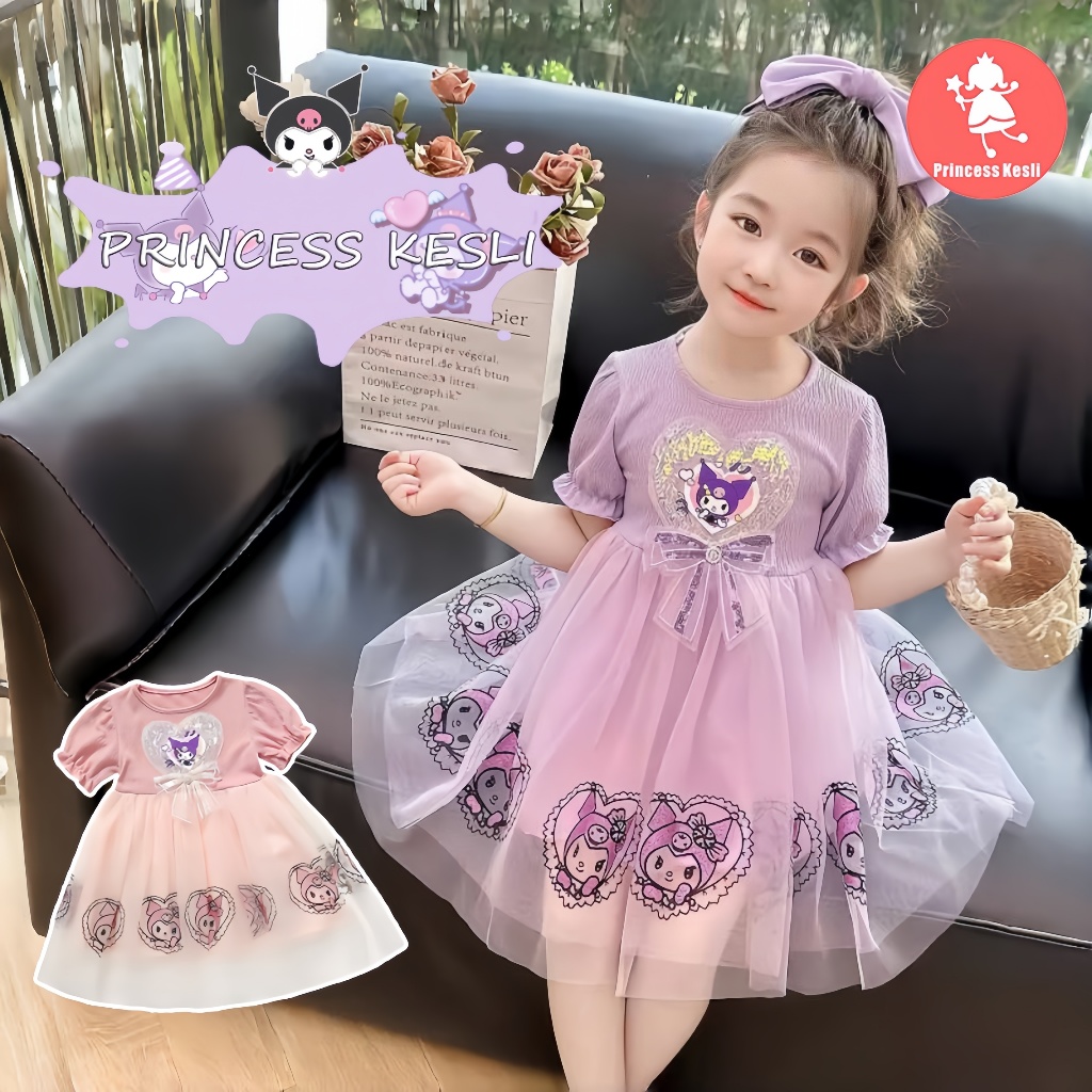 PRINCESS KESLI คุโรมิ ชุดเดรสแขนสั้นสําหรับเด็กหญิง ชุดฤดูร้อนเด็กใหม่ชุดเจ้าหญิงชาวต่างชาติเด็กหญิงฤดูร้อน
