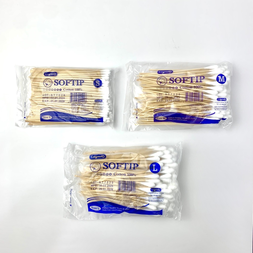 สำลีก้าน ไซส์ S M L สำลีพันก้านไม้ Longmed Softip ลองเมด ซอฟท์ติพ [ขนาด 100 ก้าน]