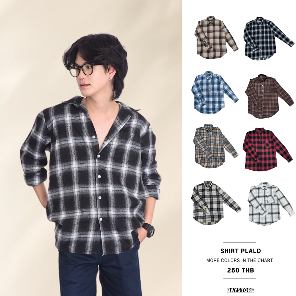 Baystore - เสื้อเชิ้ตแขนยาวลายสก๊อตแฟชั่น