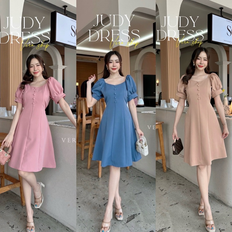 ☘️Judy Dress ☘️  เดรสดึงยางไหล่เเขนสั้นVERA