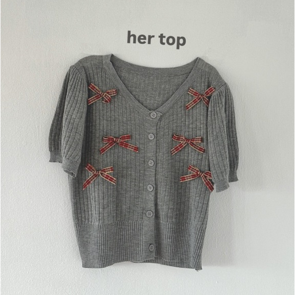 upeachme(D55) HER TOP เสื้อไหมพรมแต่งโบว์ คาร์ดิแกนแขนสั้น เสื้อไหมพรมกันหนาวแขนสั้น