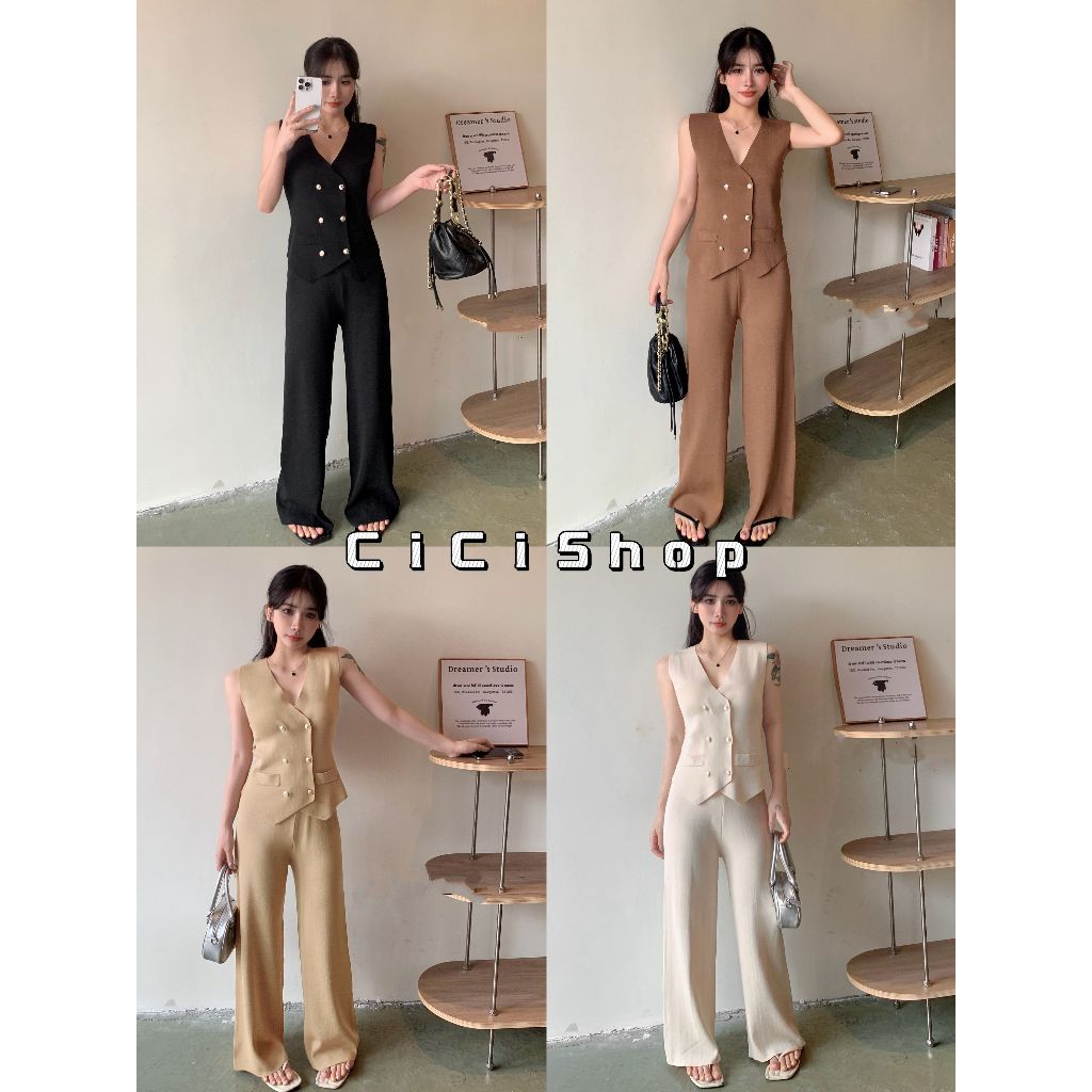 Cicishop(A1866-5)Set 2 เสื้อกั๊กดีเทลกระดุมสามารถใช้งานได้จริง พร้อมกางเกงขายาว สไตล์เกาหลี