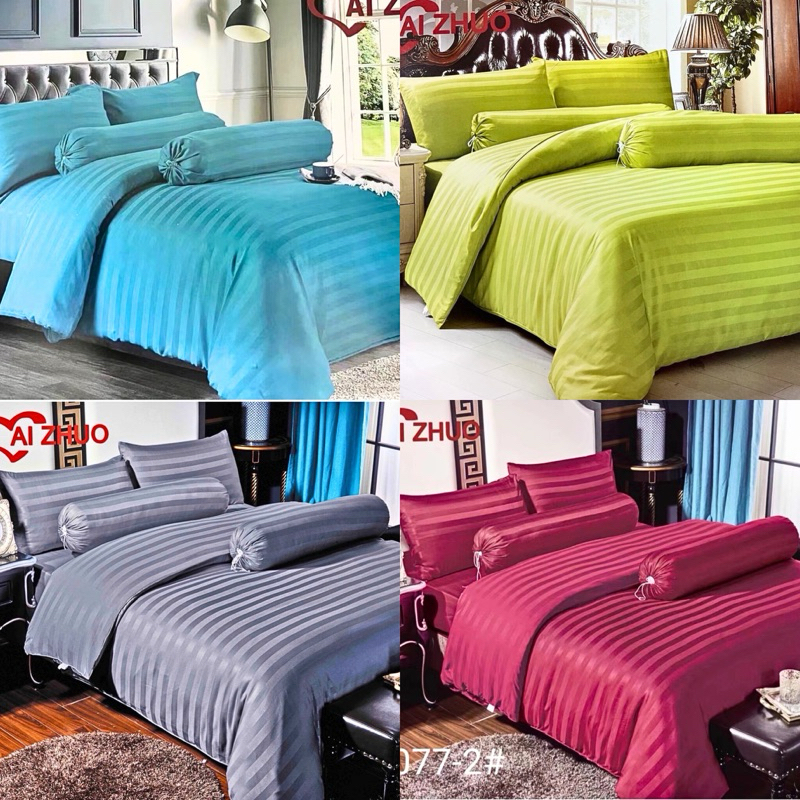 ชุดผ้าปูที่นอนพร้อผ้านวม สีพื้นลายริ้ว 6ฟุต 5ฟุต 3.5ฟุต (6ชิ้น) ประกันสินค้าผ้าหน้านุ่ม ห่มสบาย