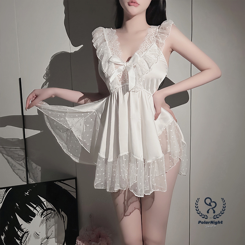 ชุดนอนผู้หญิง ชุดนอนเซ็กซี่ผ้าลูกไม้ตาข่าย ดีพ วี ประดับโบว์ที่หน้าอก พร้อมส่งจากไทย（H9353）