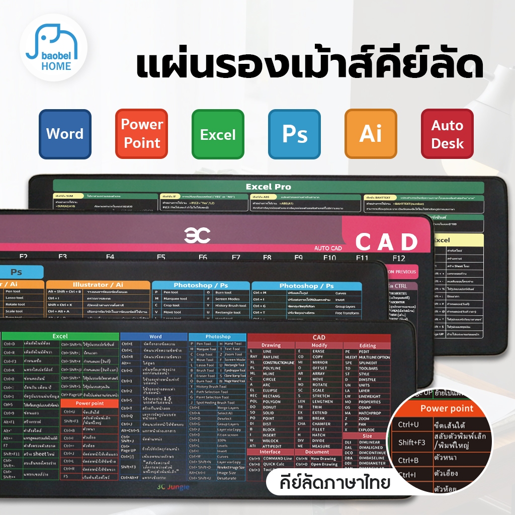 แผ่นรองเมาส์คีย์ลัดภาษาไทย ขนาดใหญ่ ของขวัญ แผ่นรองคีย์บอร์ด อุปกรณ์สำนักงาน Mouse Pad Shortcut Keys