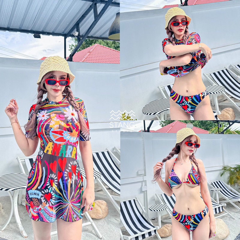 ชุดว่ายน้ำ 3 ชิ้น บิกินี่+เดรสสั้น ลายสีสันสดใส แนวสตีท
