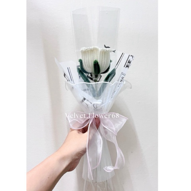 (พร้อมส่ง) ดอกกุหลาบสีขาว ช่อดอกไม้ประดิษฐ์ลวดกำมะหยี่ โทนพาสเทล – โปรปัง