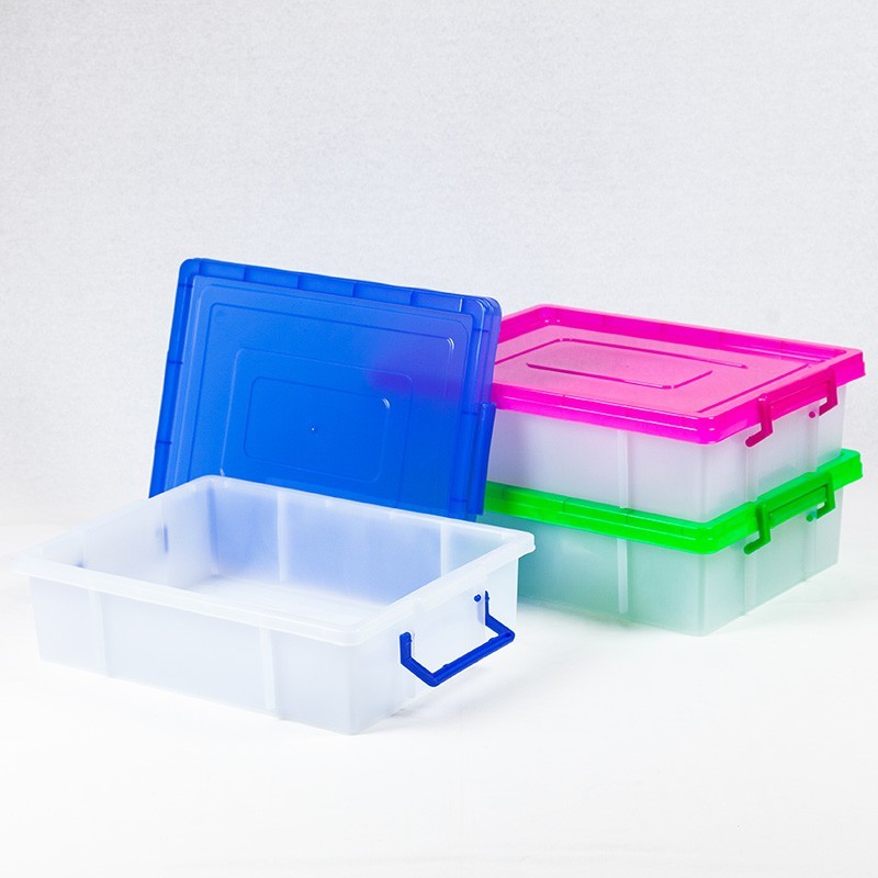 กล่องพลาสติกทรงแบน 17 ลิตร (ยี่ห้อรถไฟ No.189 สีขาวขุ่น) ขนาด 35.5x49x13.6cm คละสีตัวล็อค กล่องใส่เอกสาร กล่องสีใส